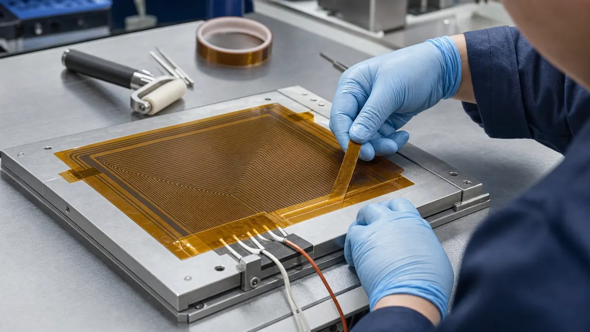 Technician applying amber polyimide tape to the edge and lead area of a flexible etched-foil heater